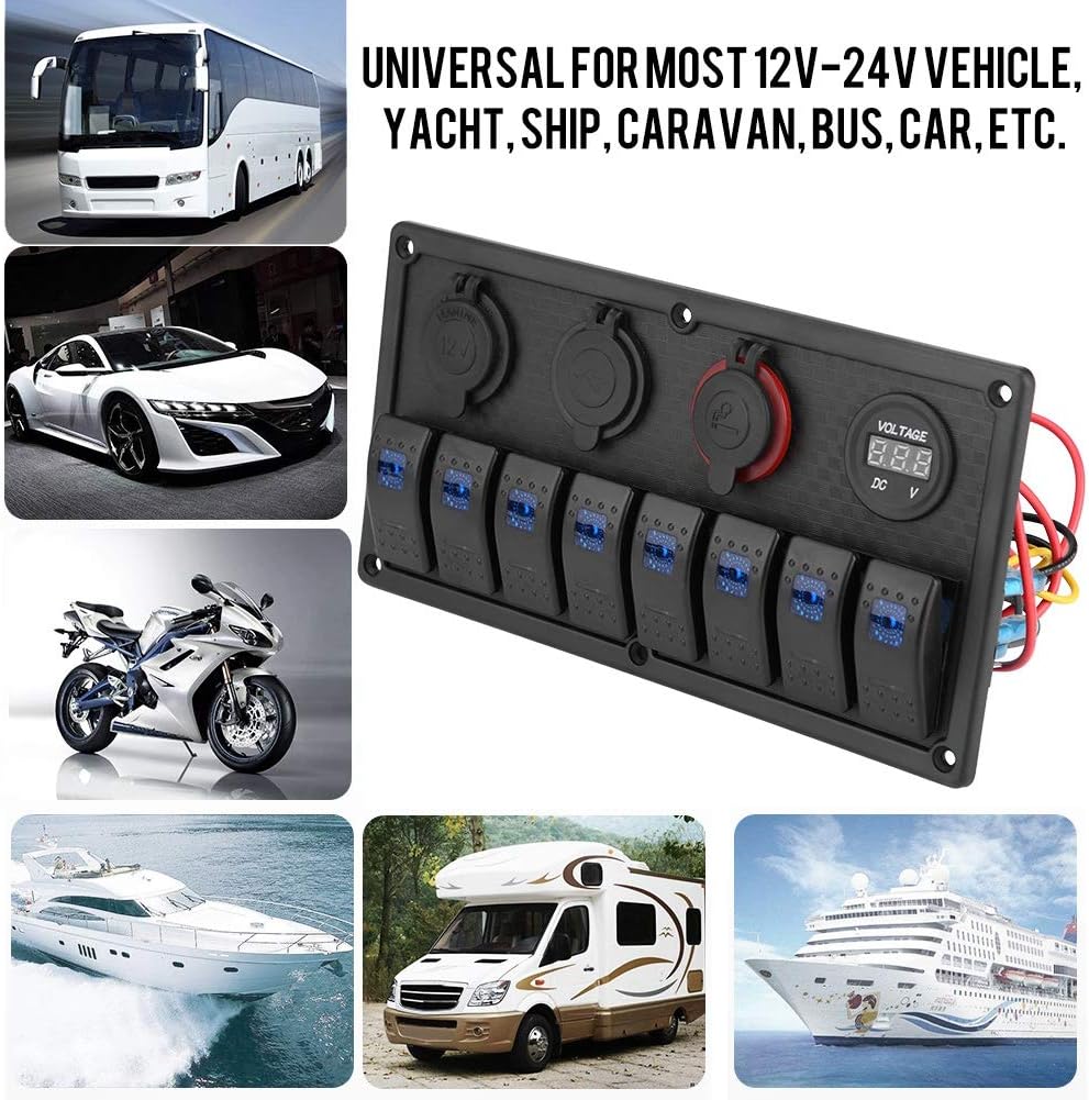 Blue LED 8 Gang 12V 24V Aluminium Rocker Switch Panel with Dual USB Voltmeter Cigarette Lighter Pack of 2 A221466