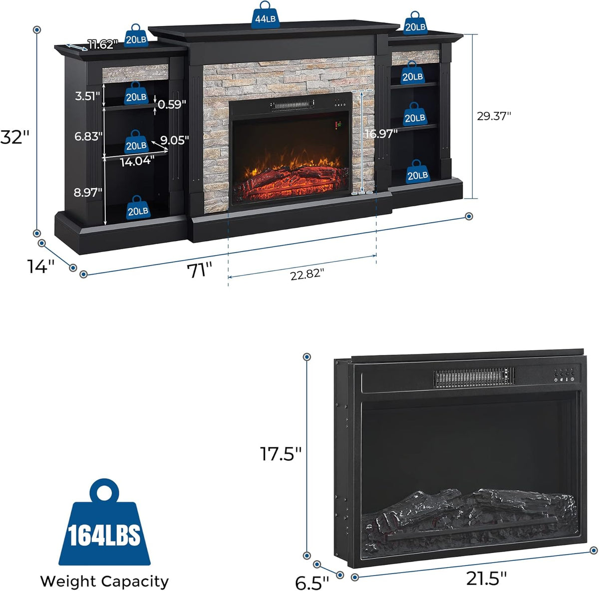 Electric Fireplace Mantel Freestanding Media Stand with 3 Cabinet Bookcase Shelf and Remote Control P3362