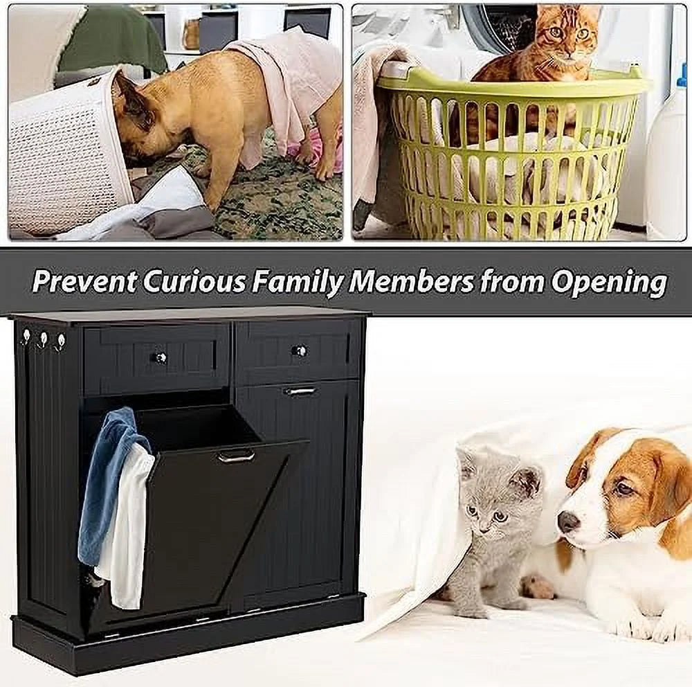 Double Tilt Out Trash Cabinet Laundry Hamper with Drawer 20 Gallon Black N27801