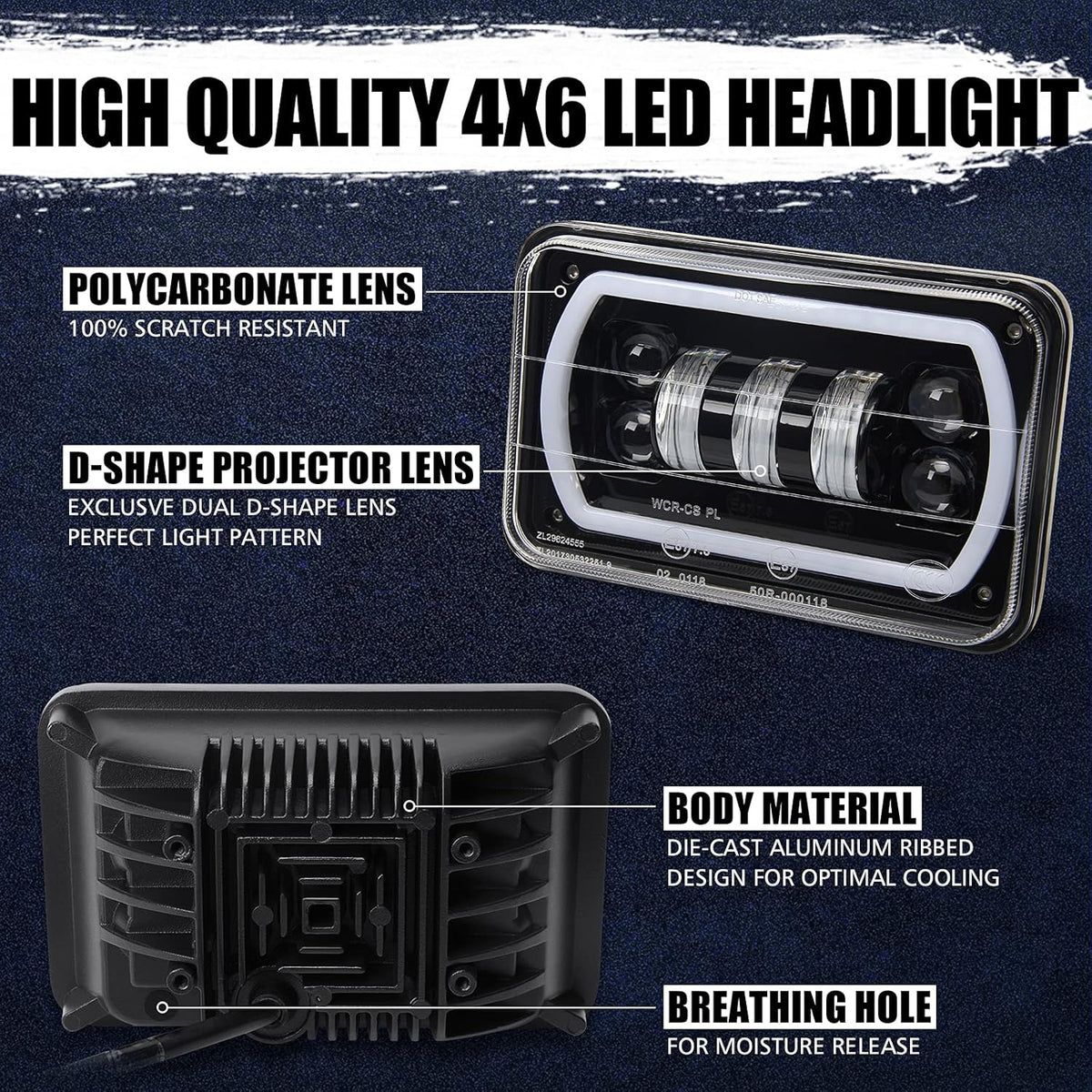 4x6 LED Headlights with White DRL Amber Turn Signal Halo Light J834995