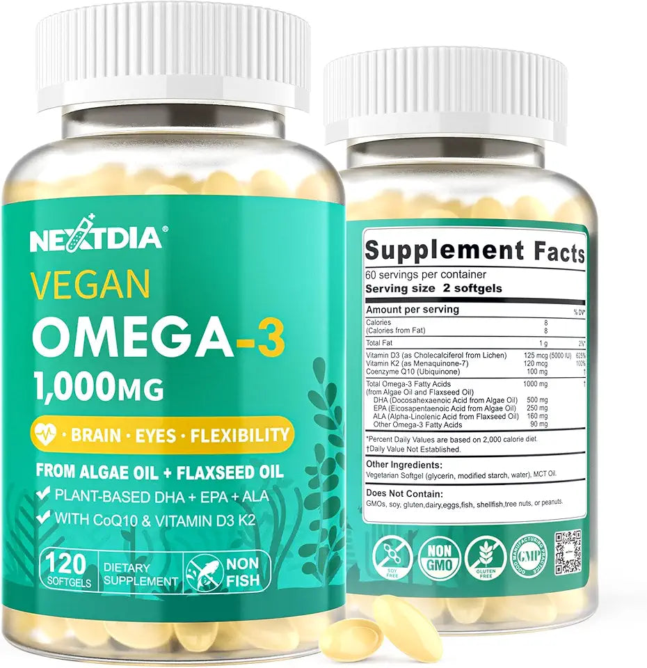 2 Pack Vegan Omega 3 D3 K2 CoQ10 Supplement, 240 Softgels T656