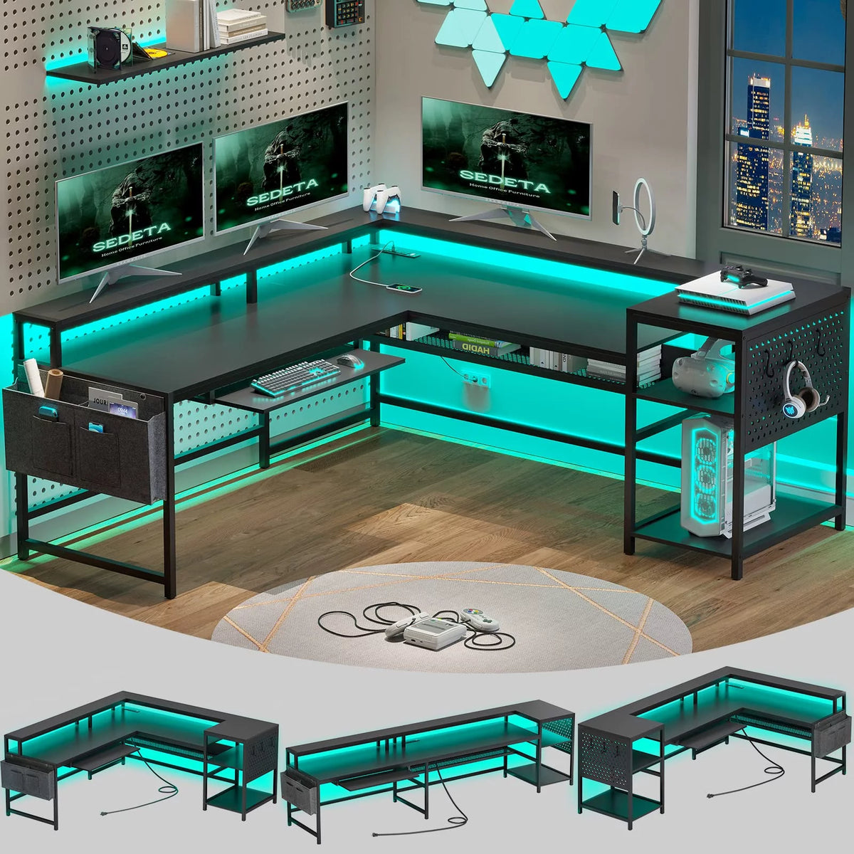 L Shaped Gaming Desk with Power Outlets and LED Strip F76466