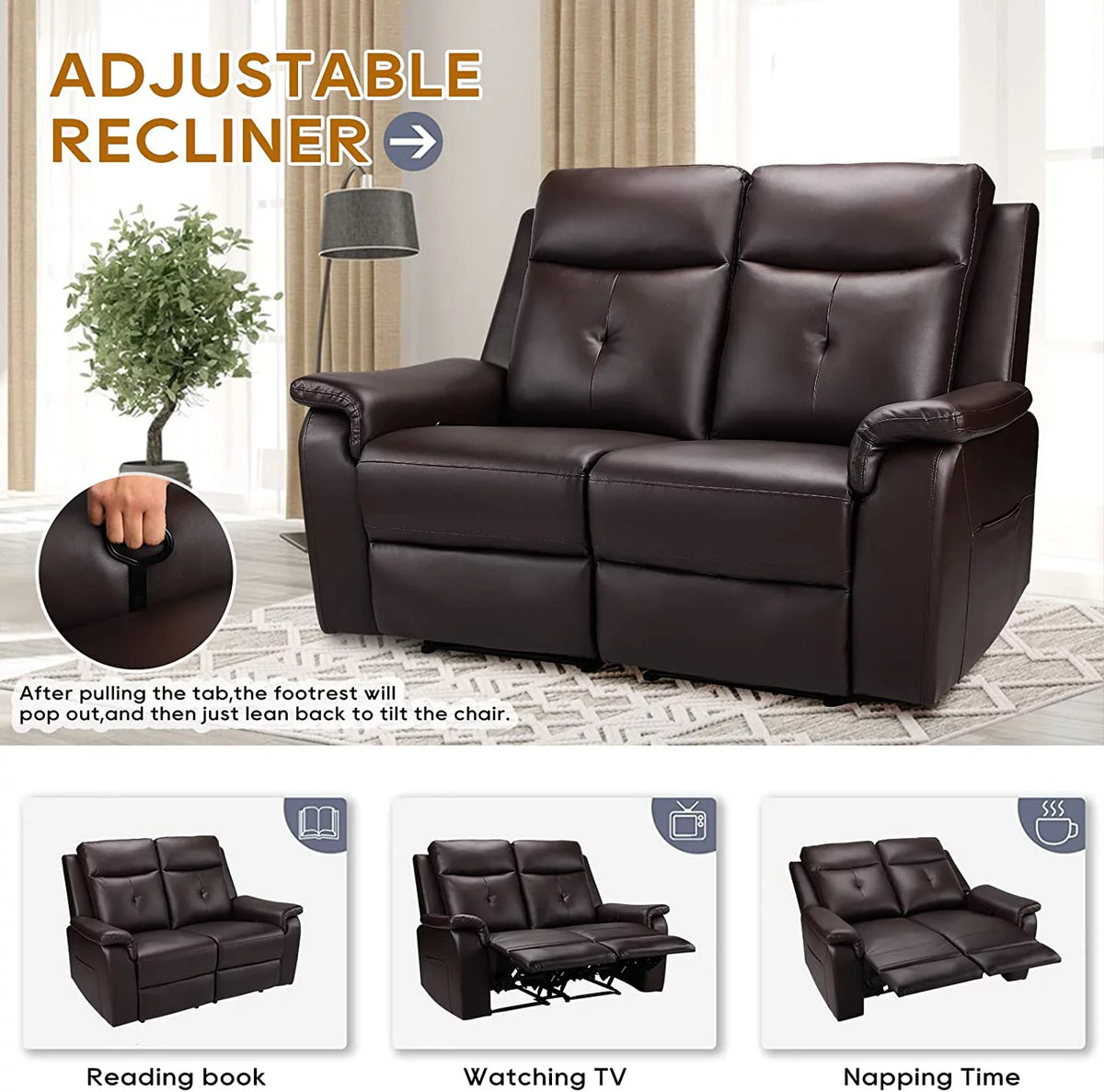 Brown PU Leather Reclining Sofa with Massage & Heating J905678