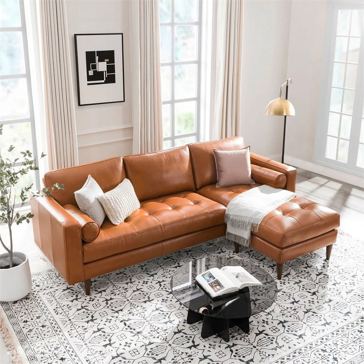 20" Camel Caramel Leather Upholstered Reversible Sectional I60855