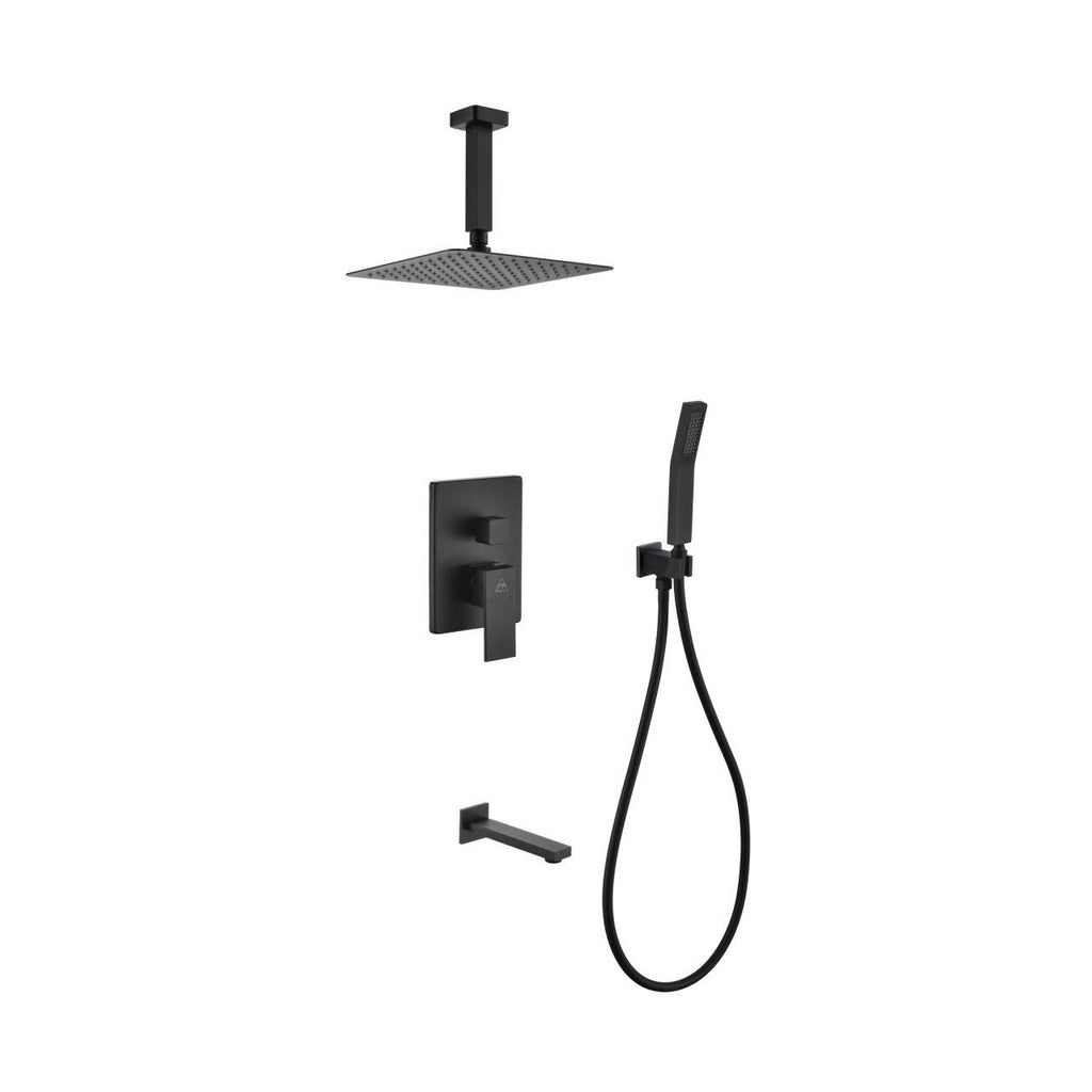 Matte Black Shower Set with Ceiling Mount Square Rain Shower, Handheld and Tub Filler Z1949