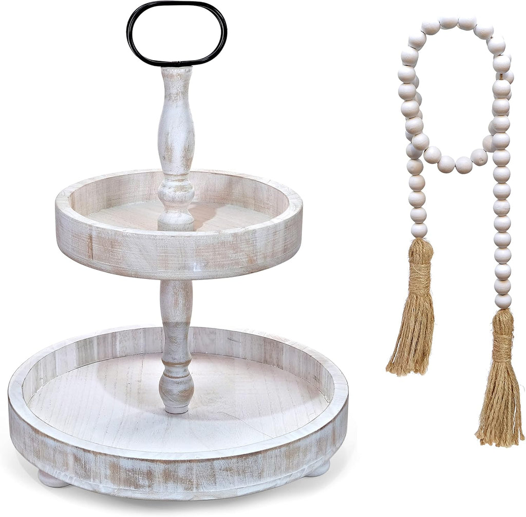 White 2 Tier Tray with Beads U121