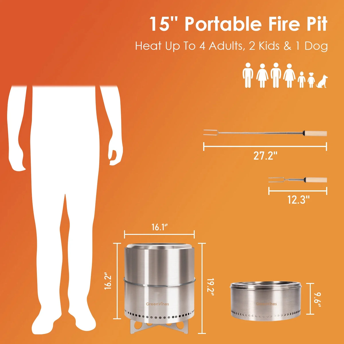 Smokeless Fire Pit with Stand & Bag & Sticks & Holders, 304 Stainless Steel, 15inch E89950