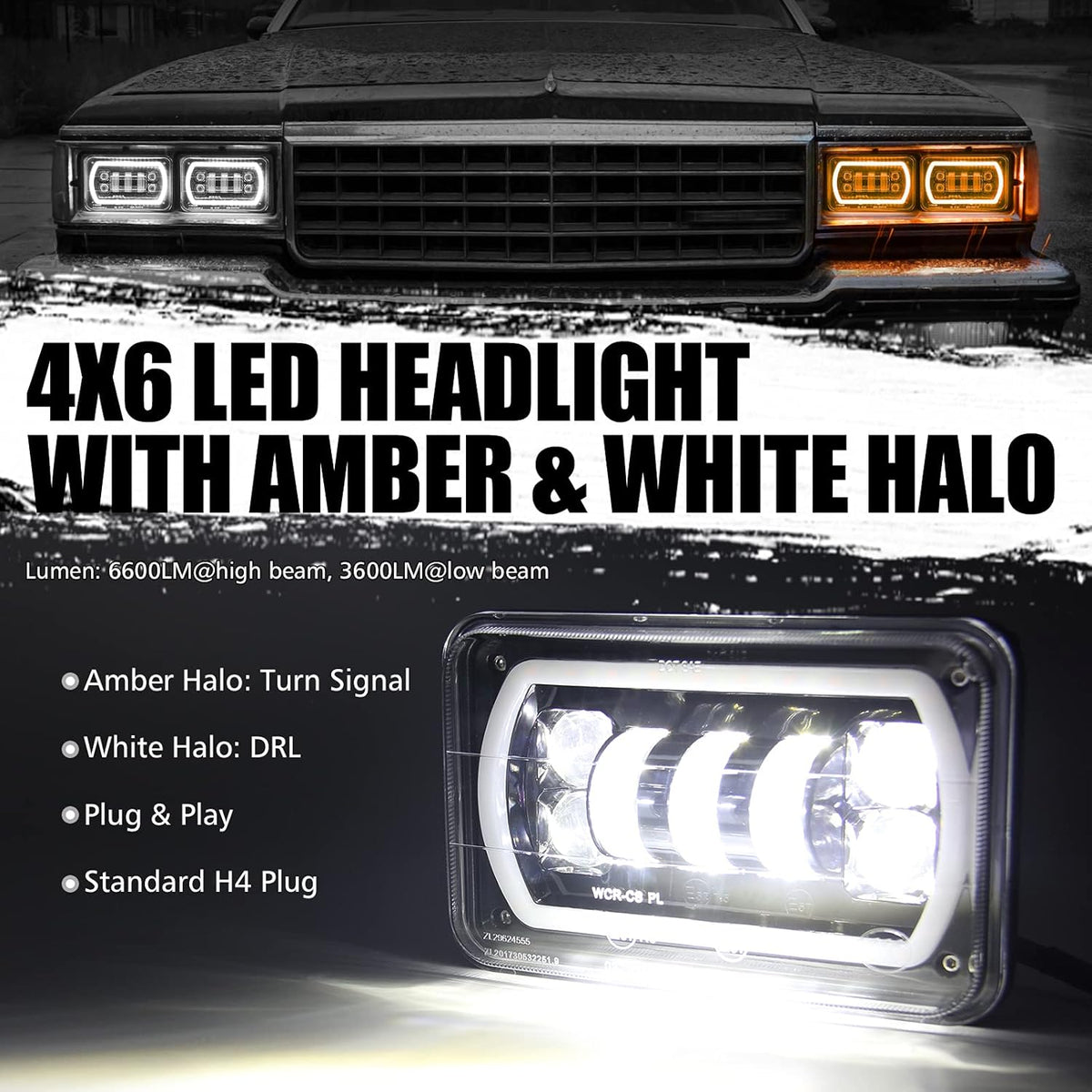 4x6 LED Headlights with White DRL Amber Turn Signal Halo Light J834995