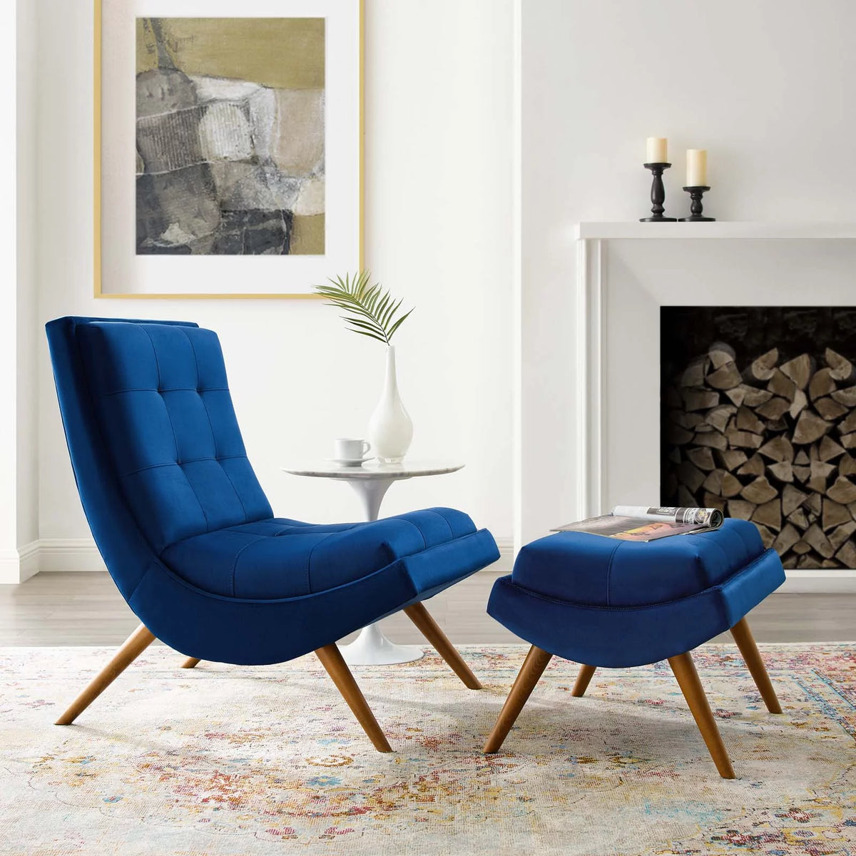 Navy Velvet Lounge Chair and Ottoman Set W29473