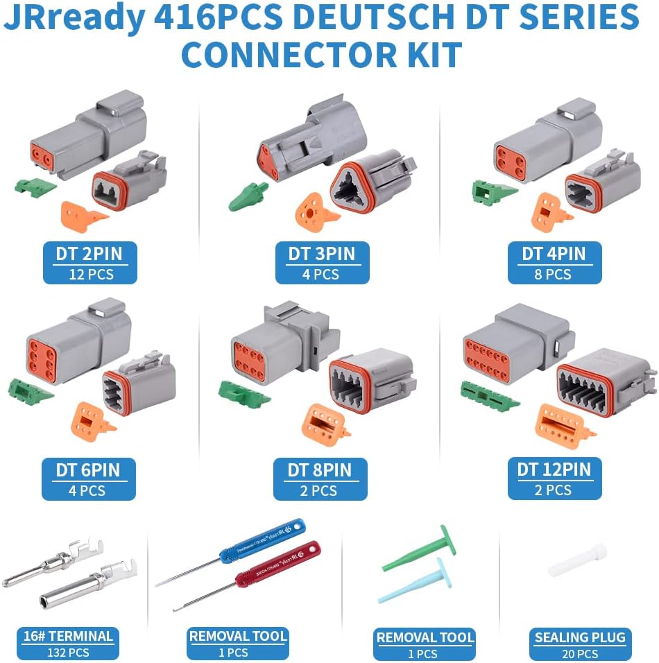DEUTSCH DT Connector Kit, 12 Sets 2 Pin Connector, 132 Sets Size 16 Stamped Formed Contacts, Wedgelock & Pin Extraction Tools Y615648