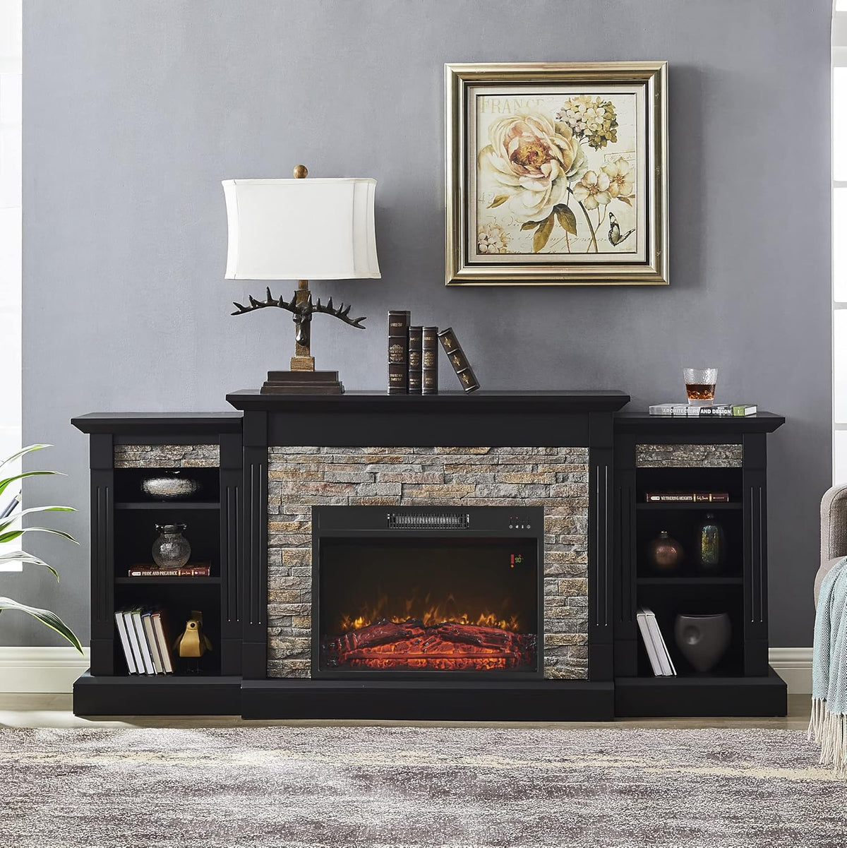 Electric Fireplace Mantel Freestanding Media Stand with 3 Cabinet Bookcase Shelf and Remote Control P3362