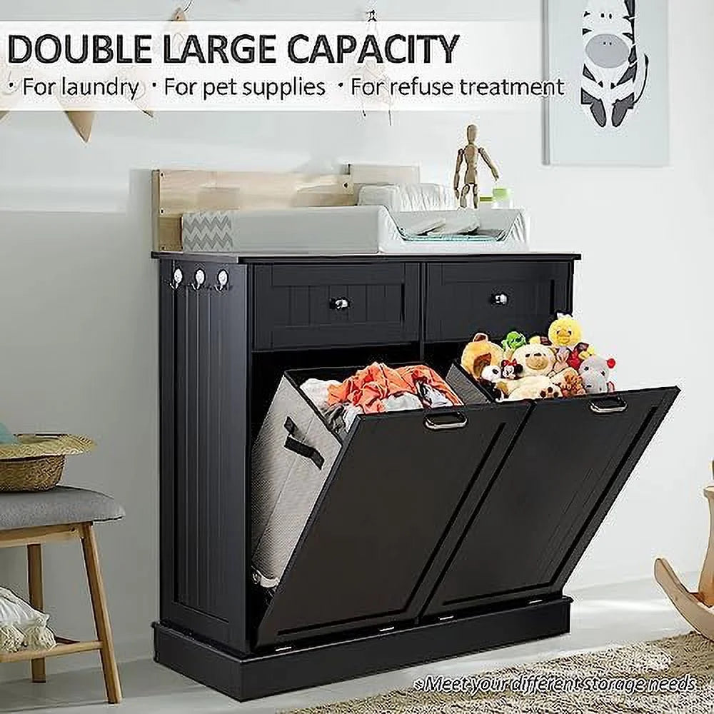 Double Tilt Out Trash Cabinet Laundry Hamper with Drawer 20 Gallon Black N27801