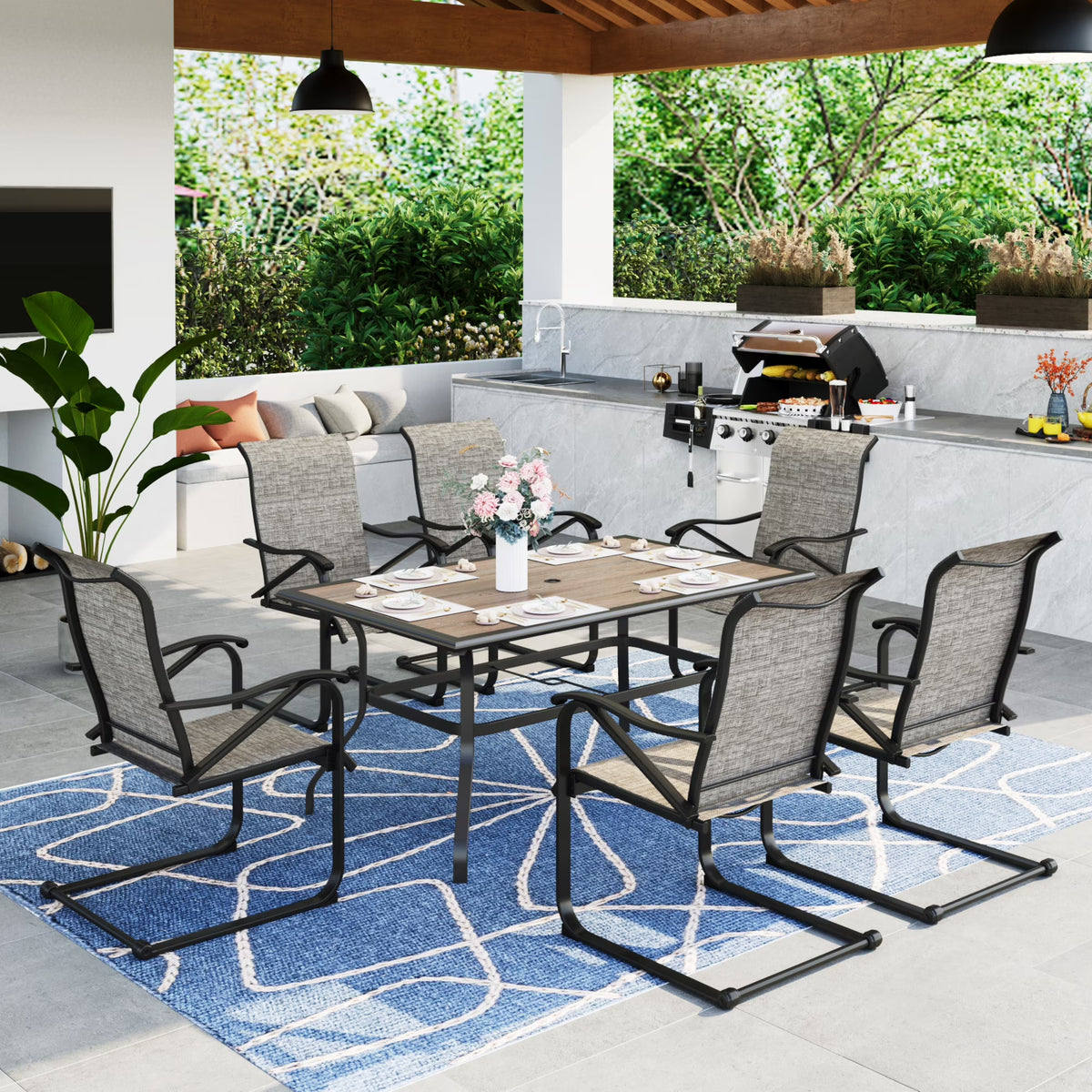 7-Piece Outdoor Patio Dining Set with 6 Rocking Chairs & 1 Metal Frame Dining Table, Black & Gray W628