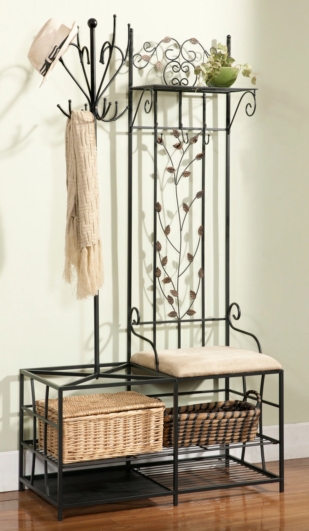 Black Metal Coat & Hat Rack with Bench and Umbrella Stand V572605