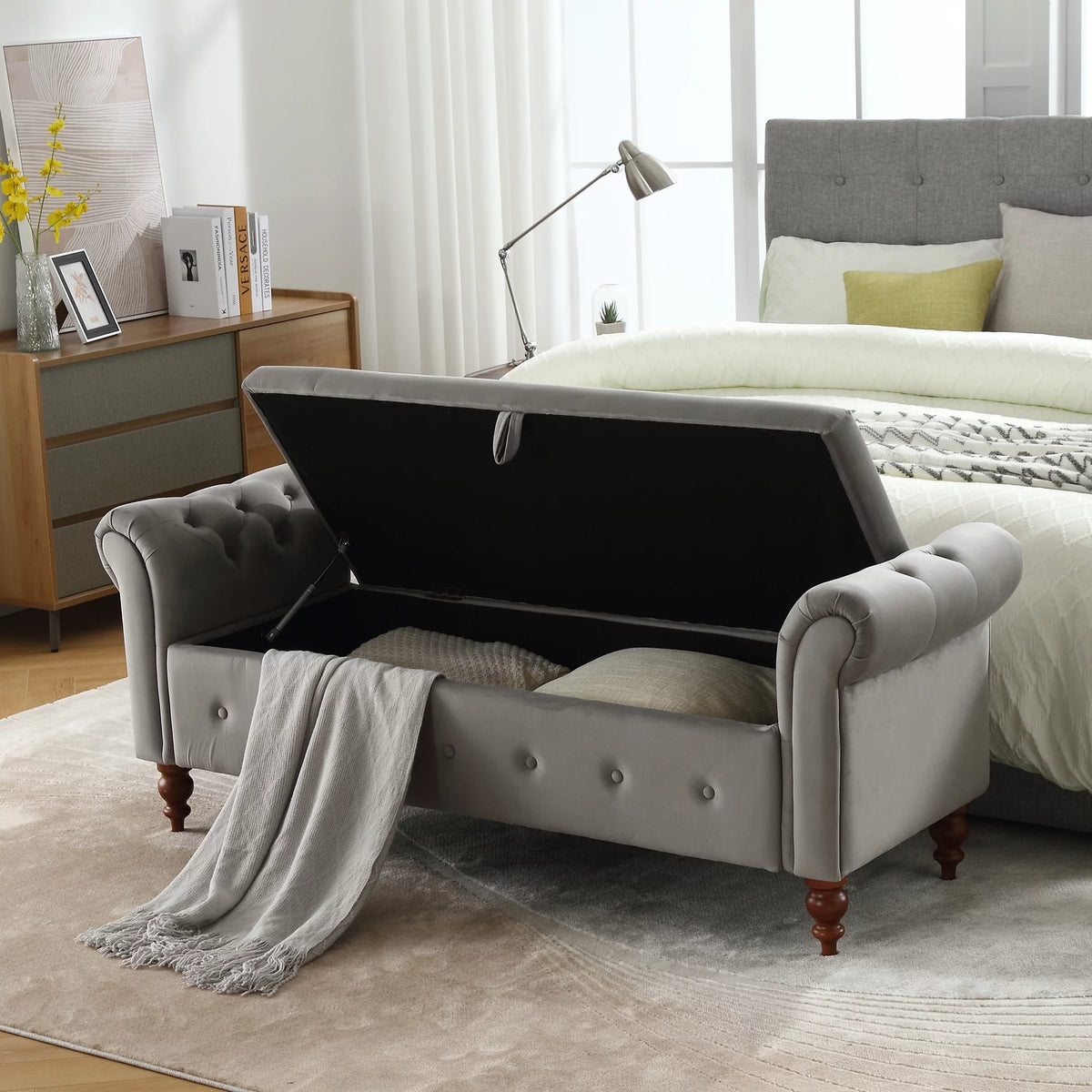 Gray Velvet Upholstered Storage Bench with Arms R675757