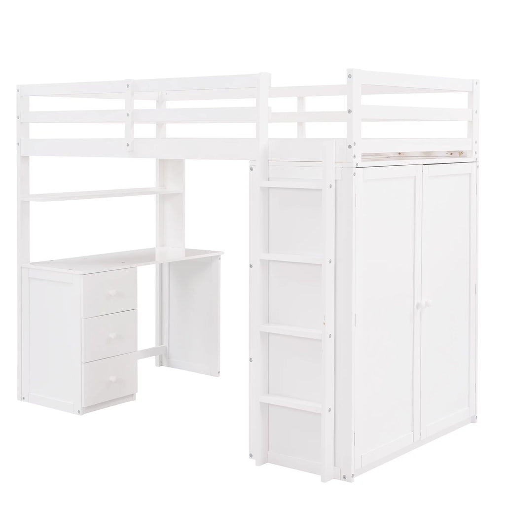 White Twin Size Wooden Loft Bed with Drawers, Desk, Wardrobe, Ladder & Safety Rails X465286