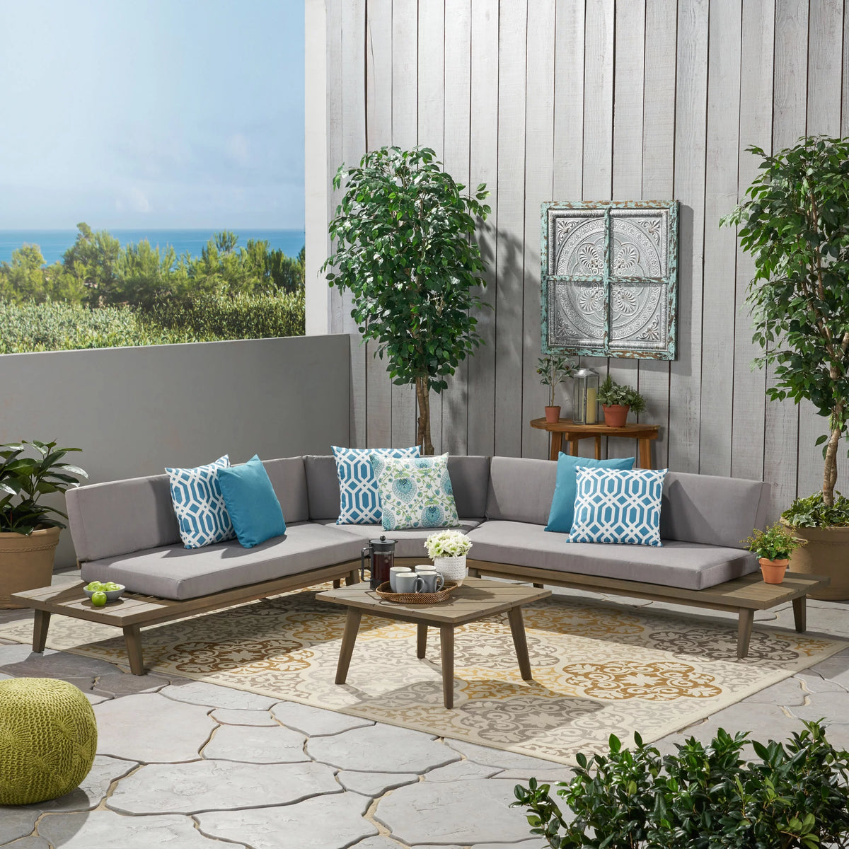 4 Piece Acacia Wood Sectional Sofa Set with Cushions, Grey E6430