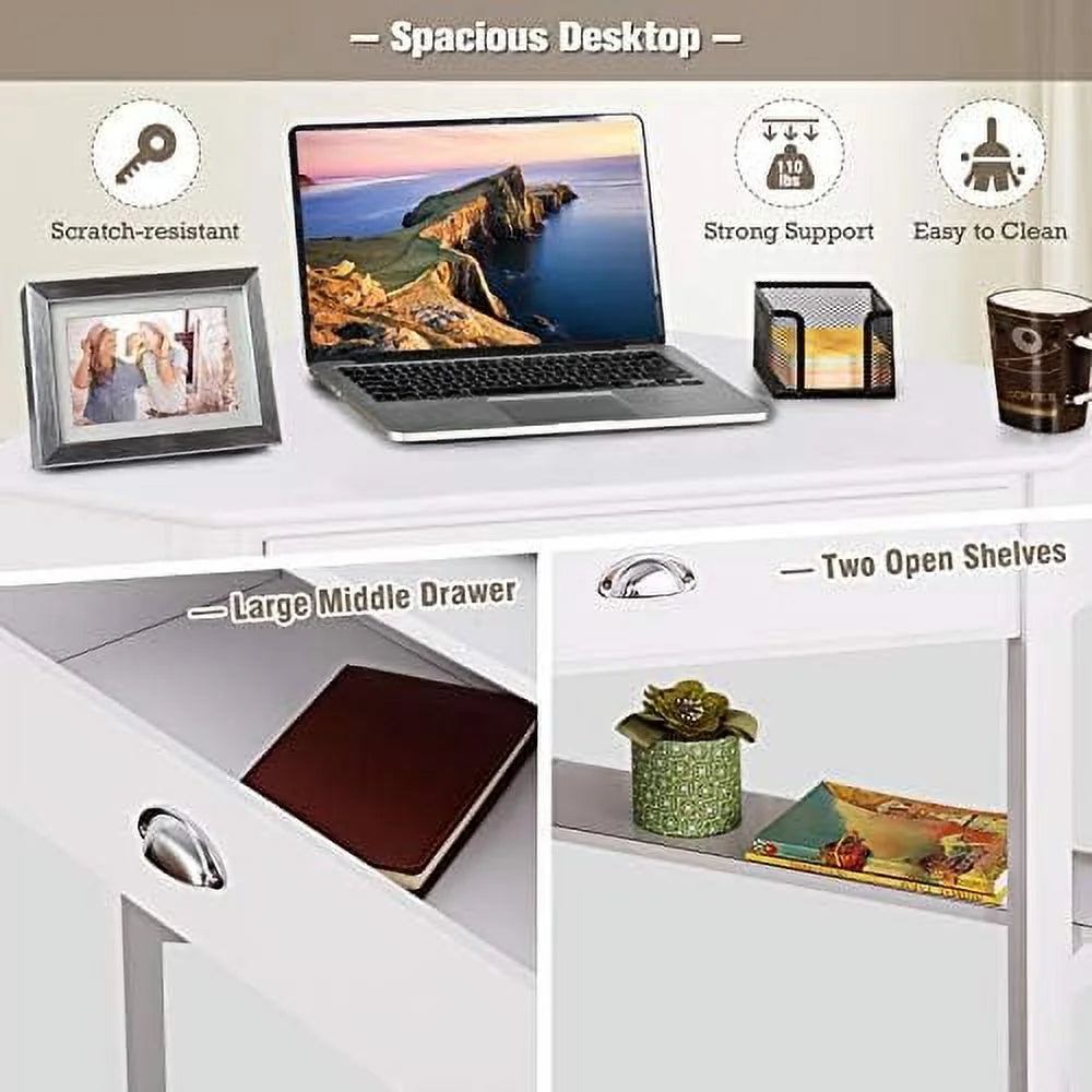 White Corner Desk with Drawer & Shelf J7786