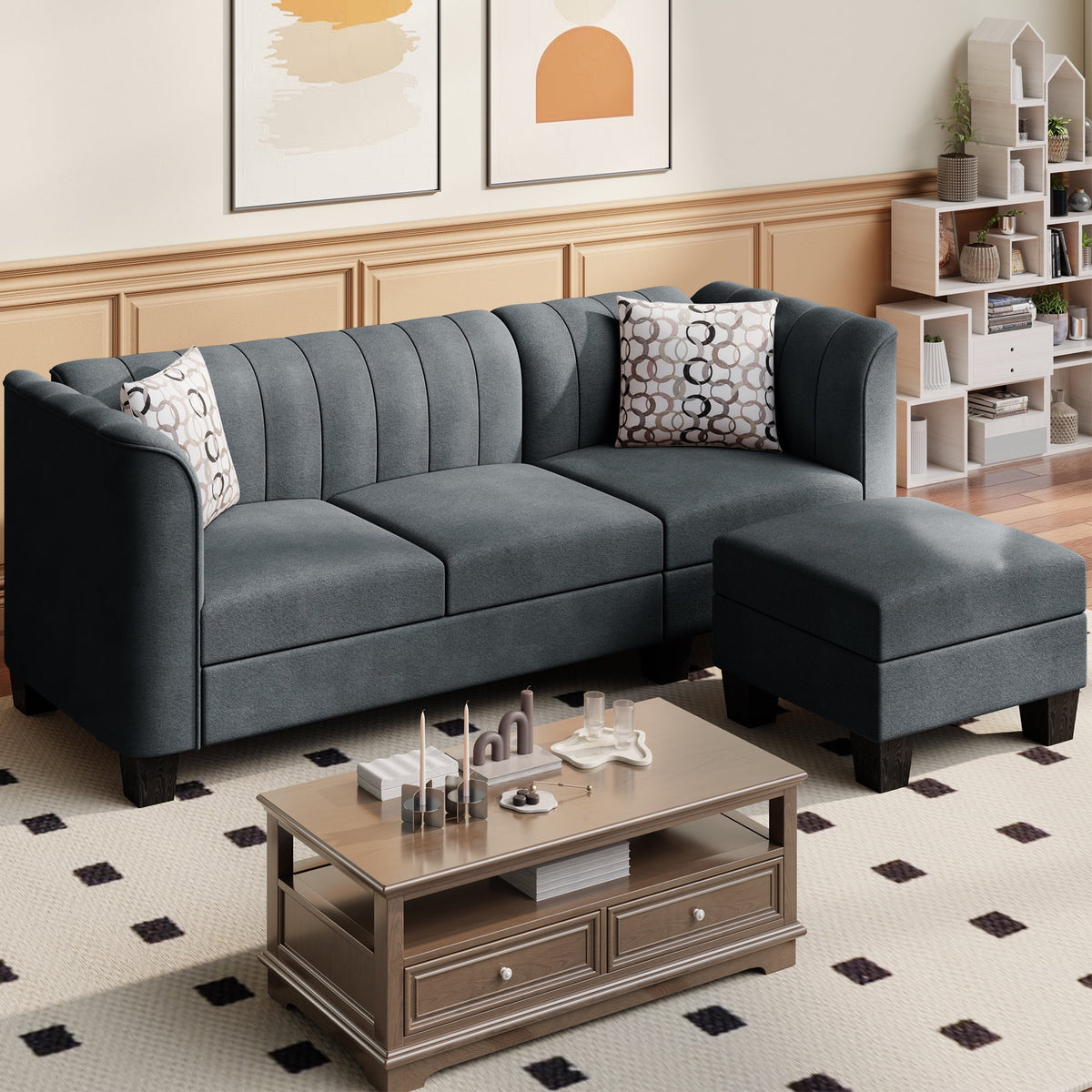 Black L Shaped Linen Fabric Sectional Sofa V106