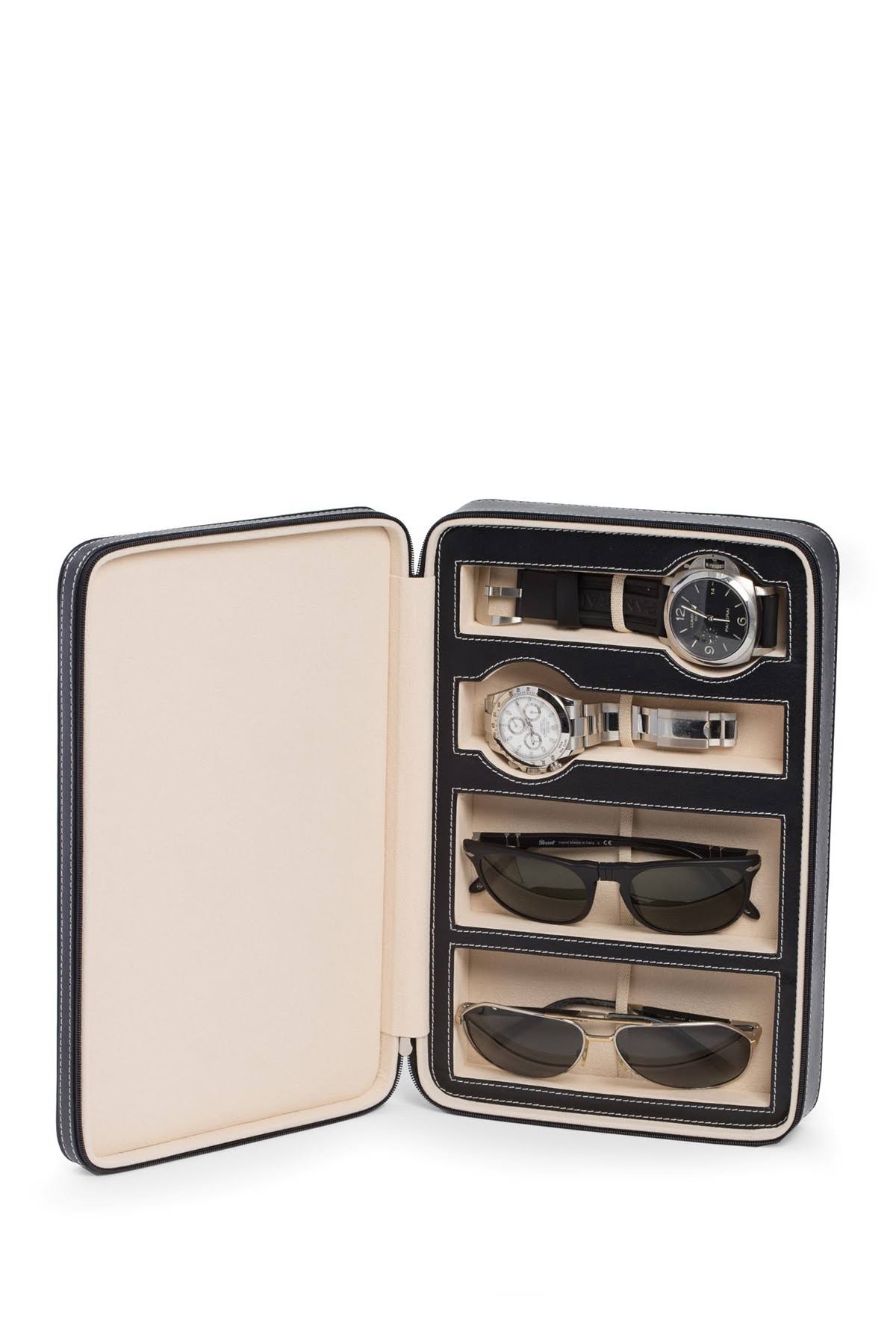 Black Leather Watch & Sunglass Travel Case U42930