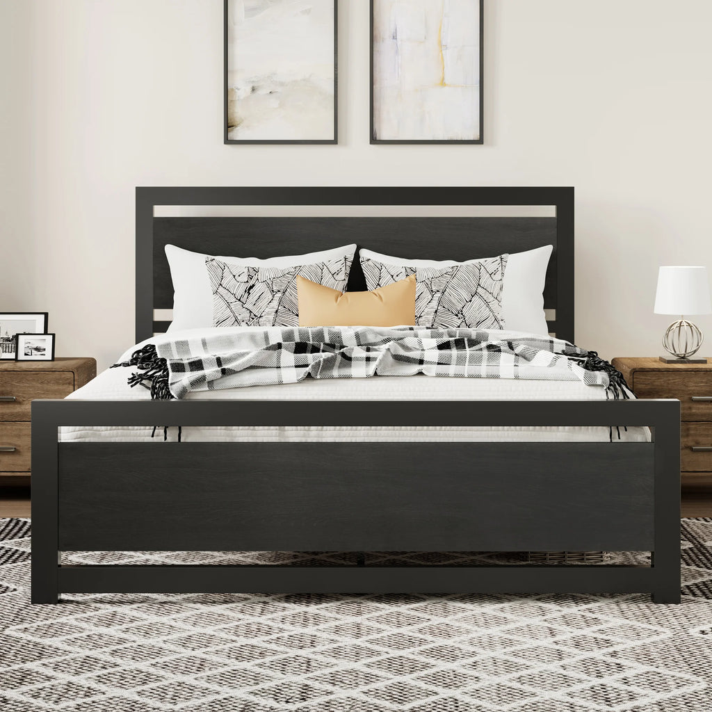 Queen Size Metal Platform Bed Frame with Headboard & Footboard H177681