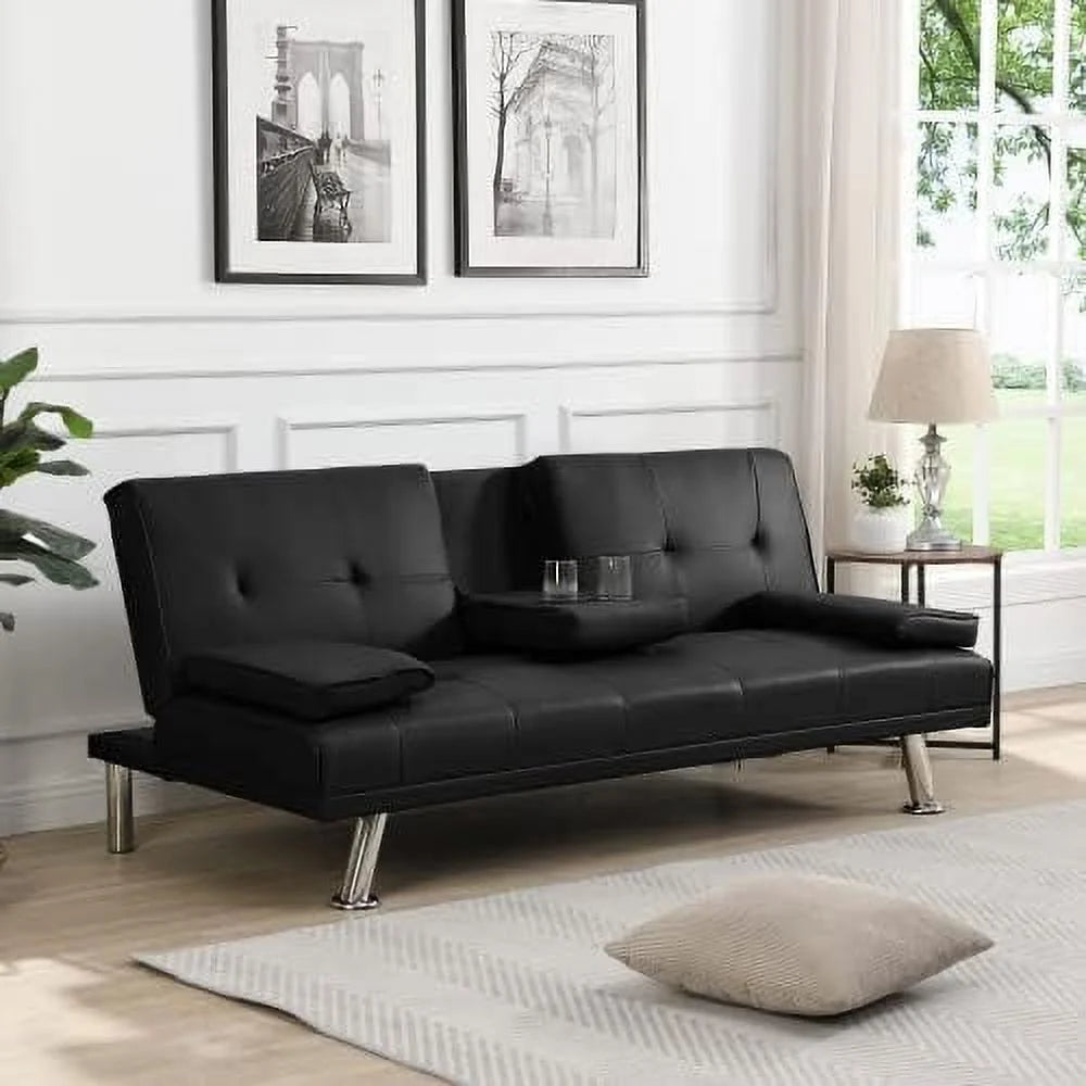 Convertible Folding Futon Sofa Bed with Metal Legs & 2 Cupholders V960