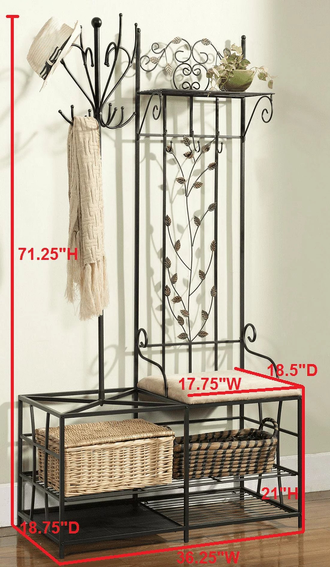 Black Metal Coat & Hat Rack with Bench and Umbrella Stand V572605
