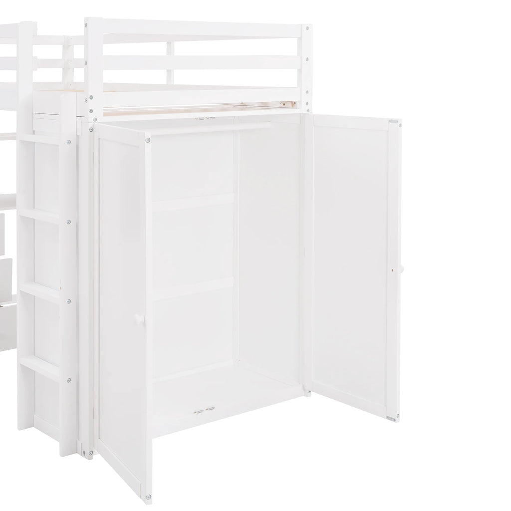 White Twin Size Wooden Loft Bed with Drawers, Desk, Wardrobe, Ladder & Safety Rails X465286