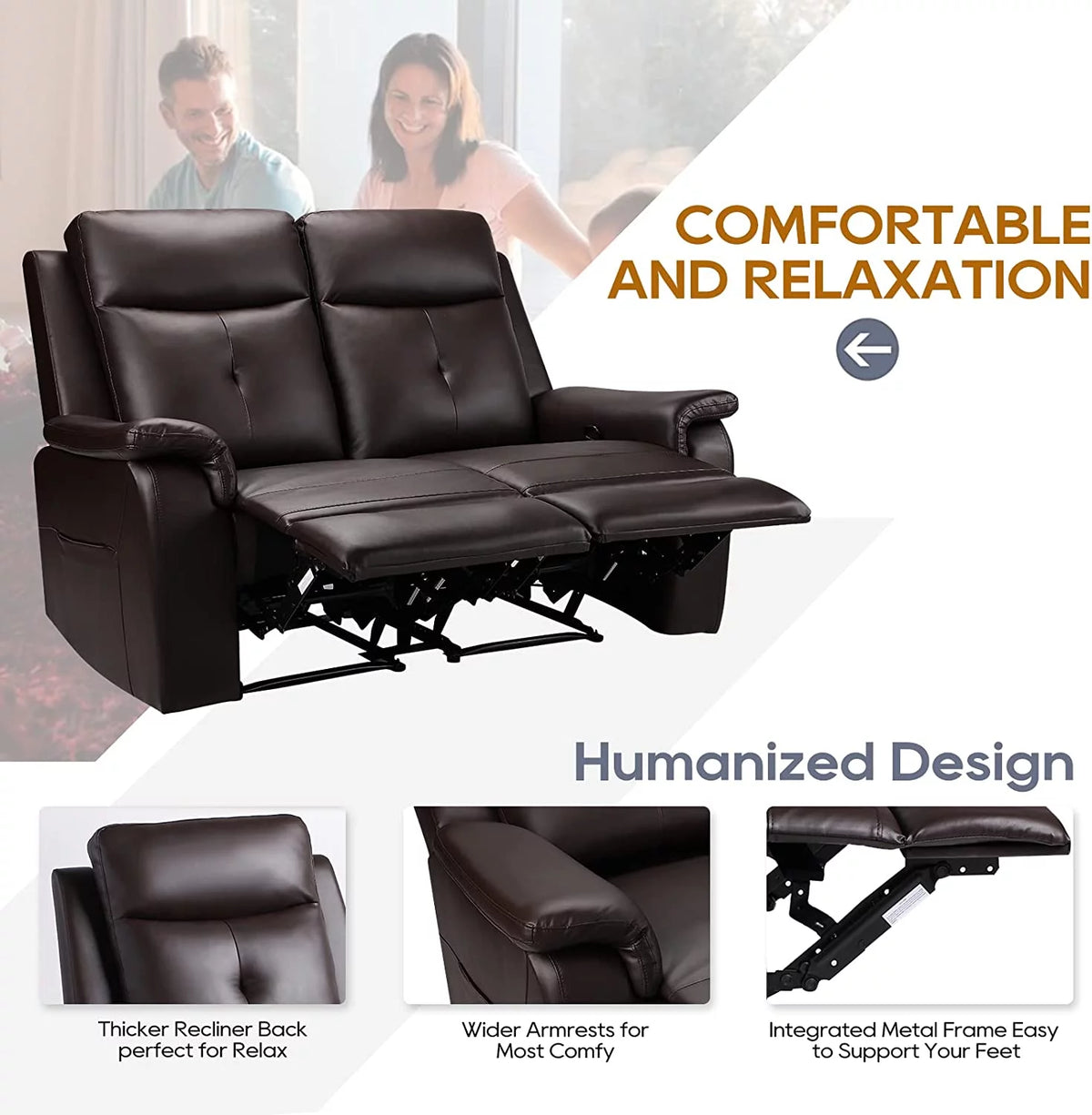 Brown PU Leather Reclining Sofa with Massage & Heating J905678