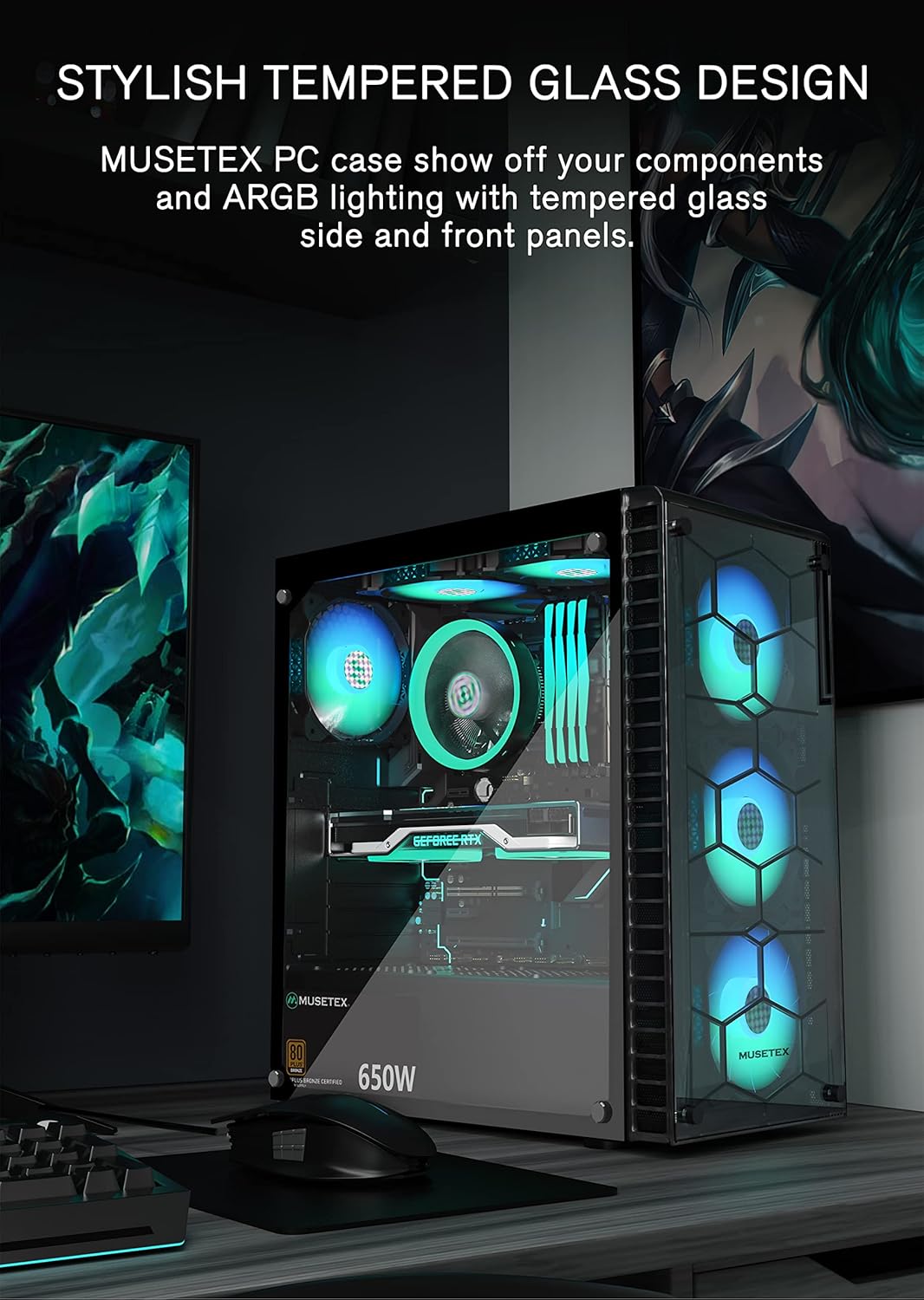 ATX Mid-Tower PC Case with 6 Pcs 120mm ARGB Fans, Tempered Glass, USB 3.0 V981513