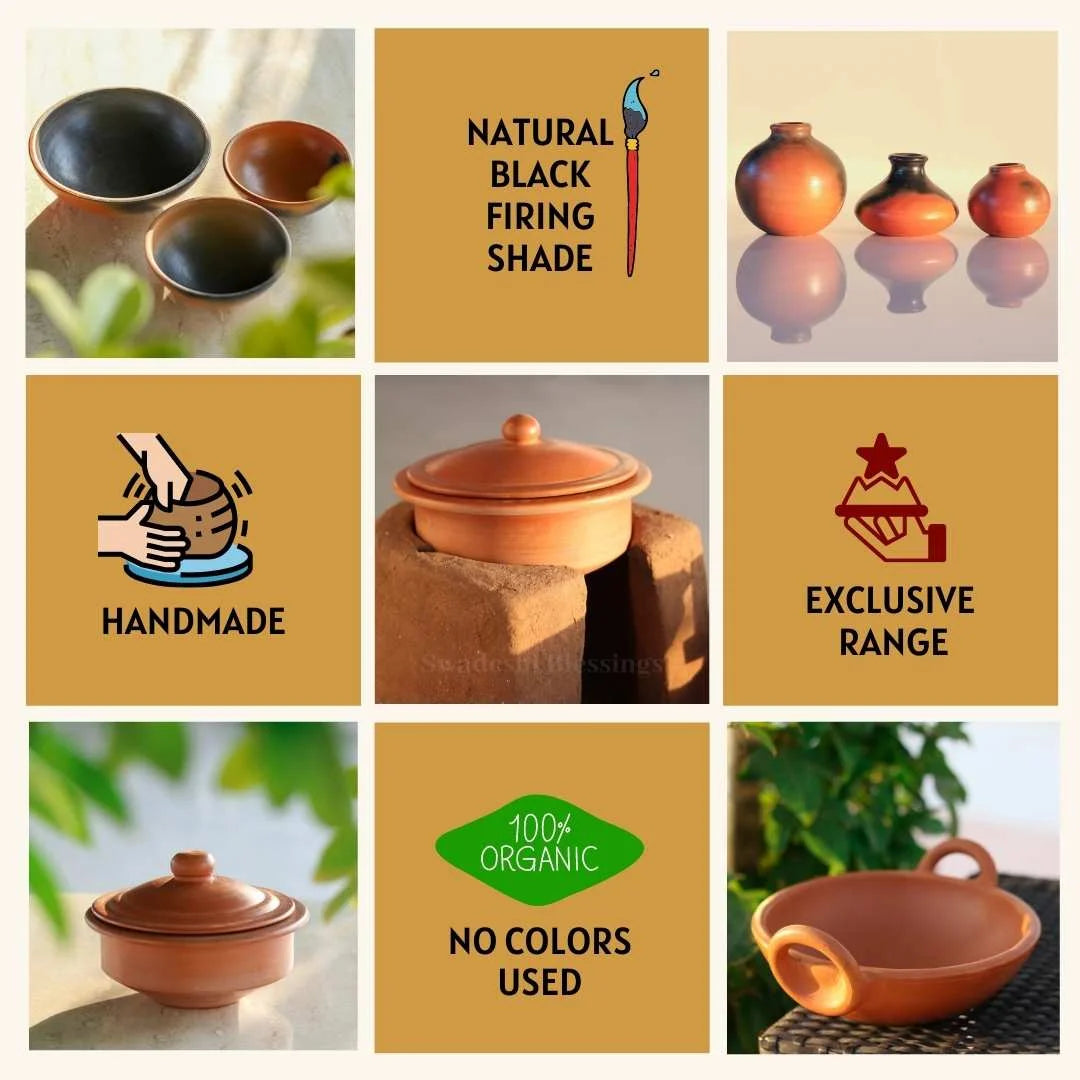 Unglazed Clay Pot with Lid Combo 2.5 & 3.5L Earthen Kadai V7956