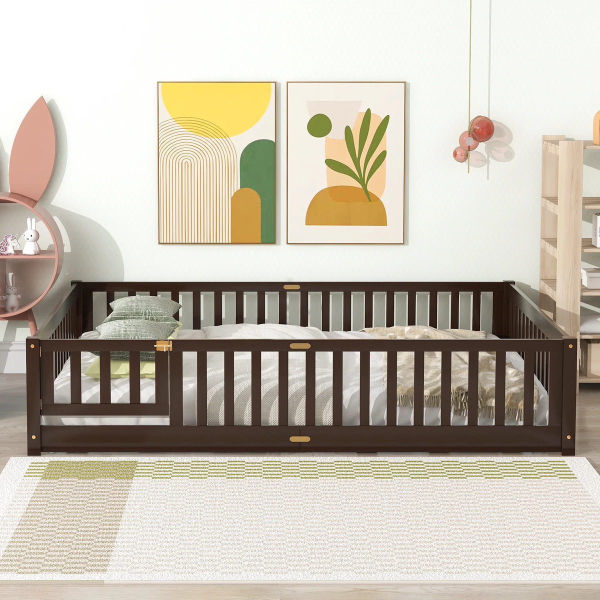 White Twin Size Wood Floor Bed with Fence Railings C360715