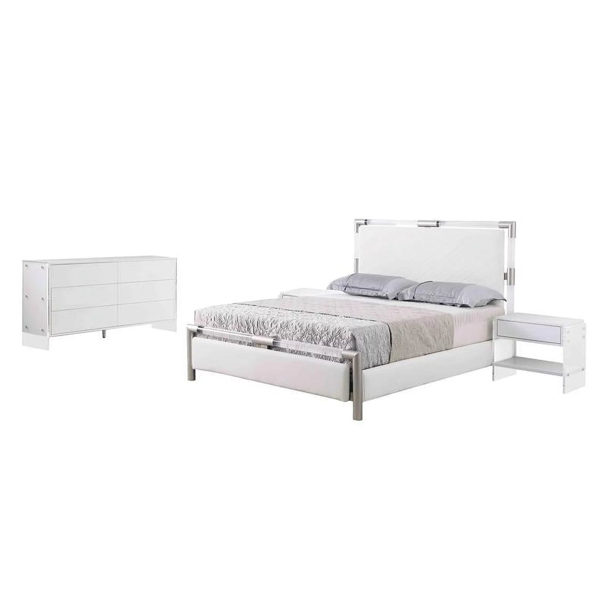 Gloss White Wood & Acrylic Queen-size 3-Piece Bedroom Set B256907