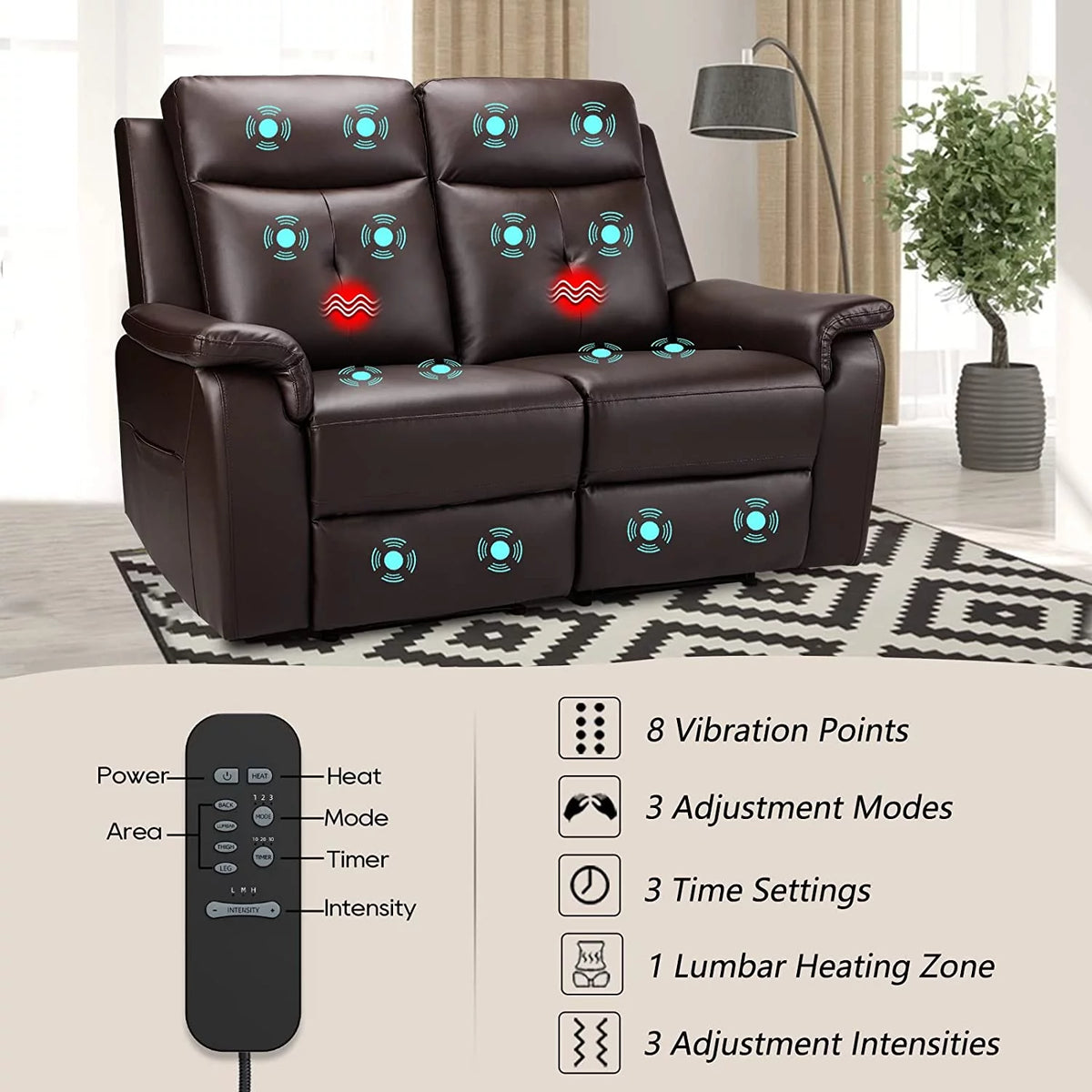 Brown PU Leather Reclining Sofa with Massage & Heating J905678