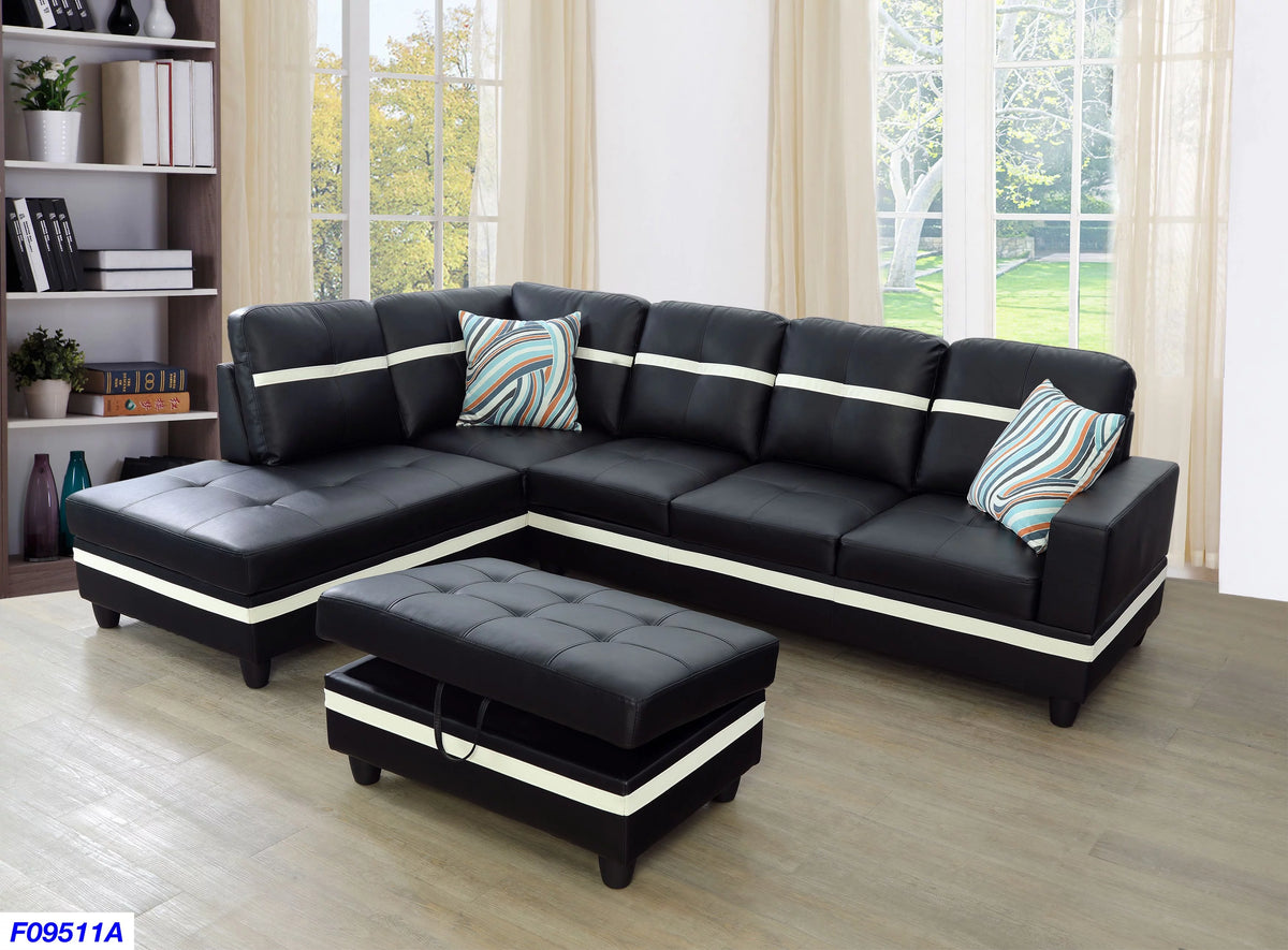 Black Faux Leather Sectional Sofa Set with Storage Ottoman L660515