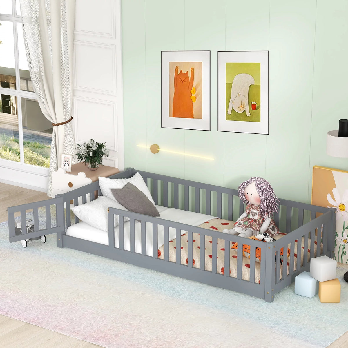 White Twin Size Wood Floor Bed with Fence Railings C360715