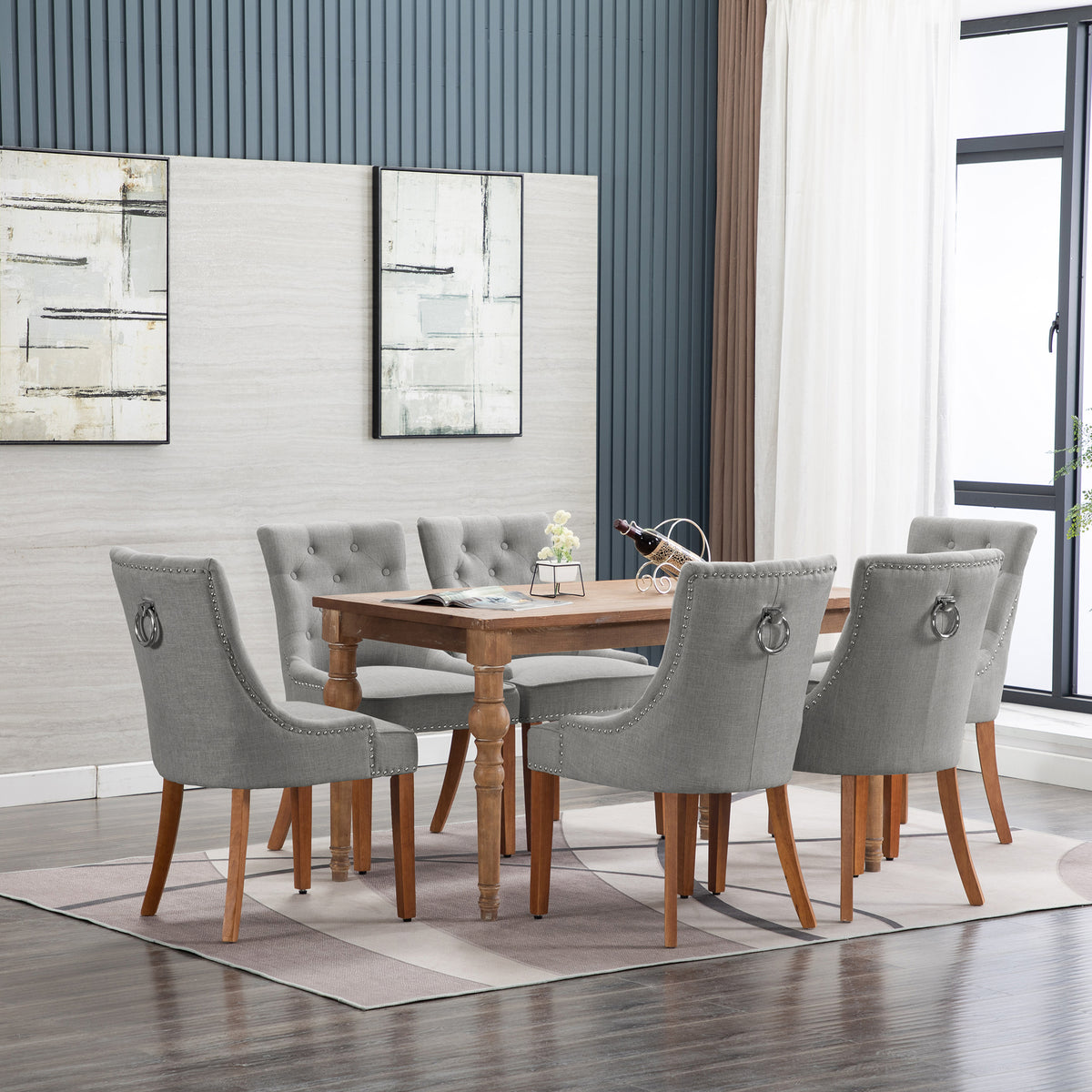 Linen Upholstered Dining Chairs Set of 2 with Solid Wood Legs, Light Gray H115