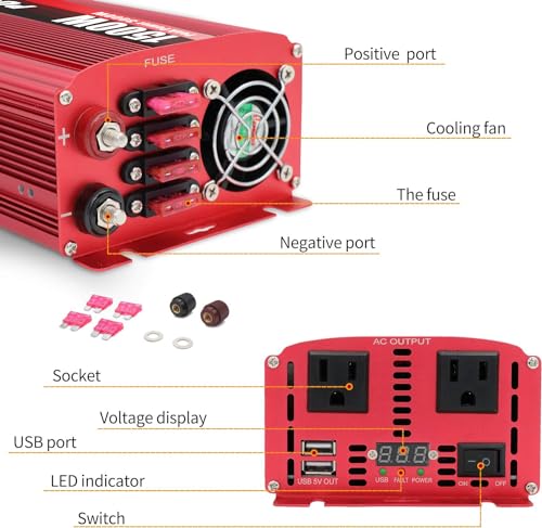 1500W DC 12V to 110V AC Power Inverter with Dual AC Outlets and Dual USB M723685