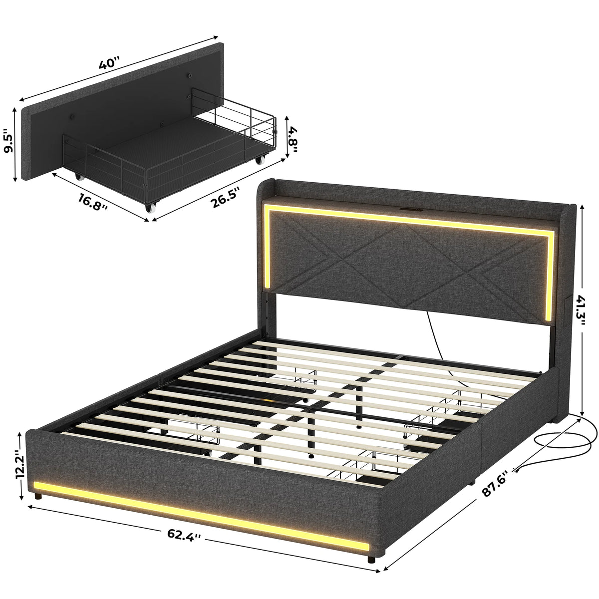 Queen Bed Frame with LED Lights Headboard and Charging Station, Upholstered Platform Bed with Storage Drawers, Dark Gray O735343