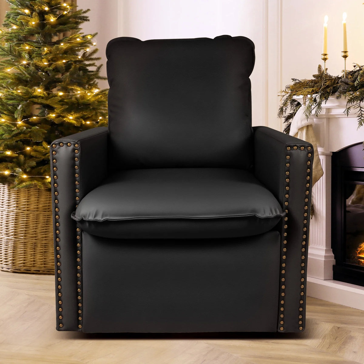 Black Faux Leather Swivel Accent Chair with Cushion P784307