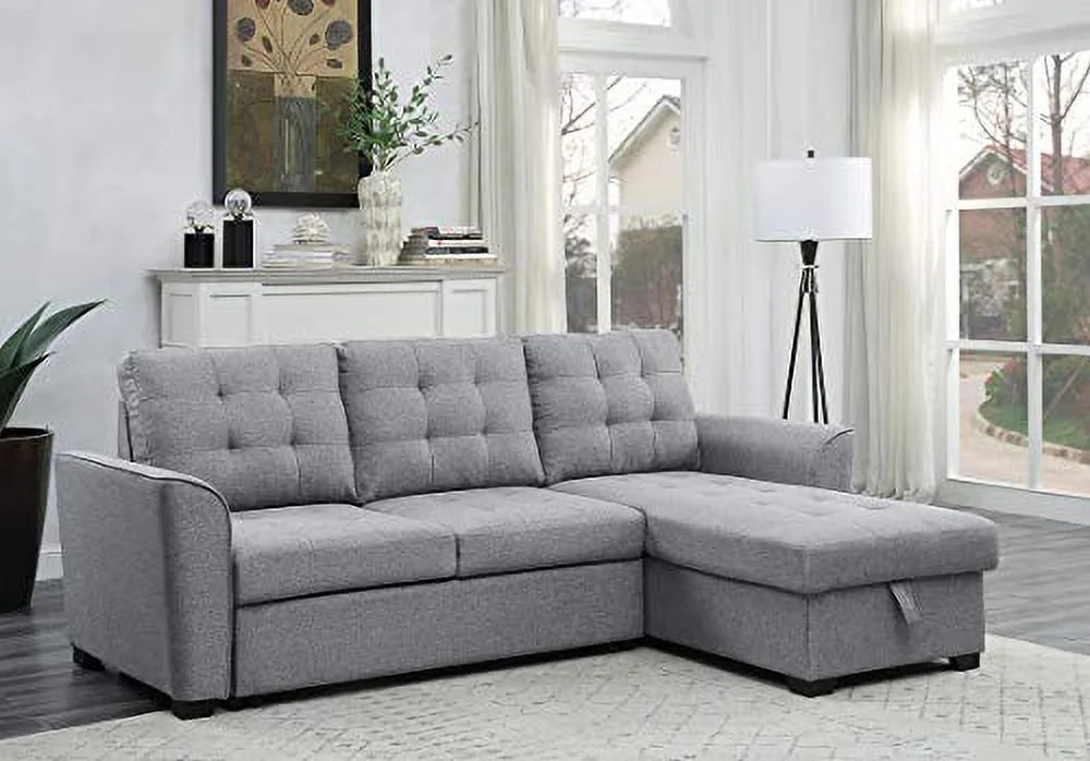 Light Gray Linen Sleeper Sectional Sofa with Storage Chaise M40592