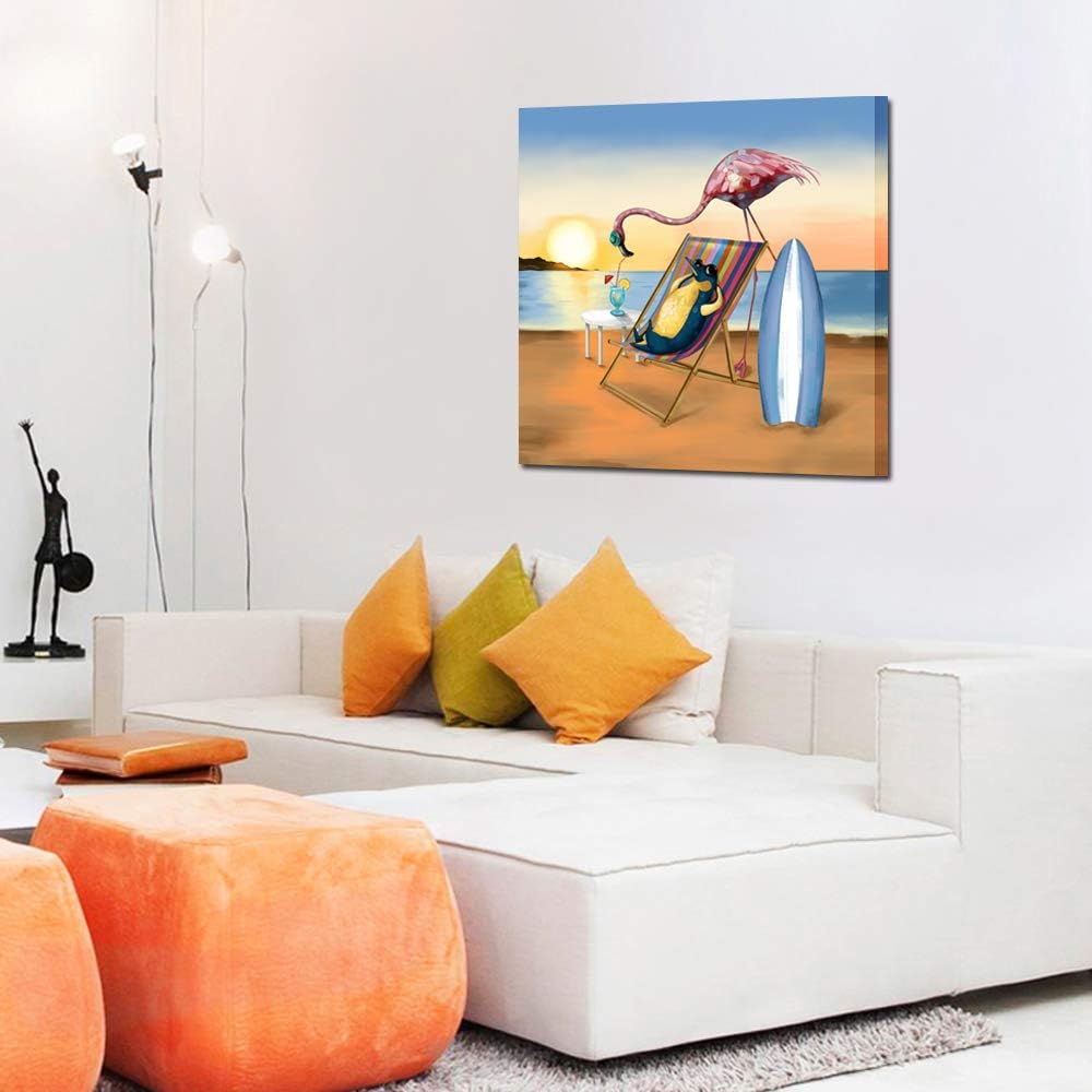 Funny Animal Flamingo and Penguin on Beach Vacation Canvas Prints Painting with Stretched Frame Wall Art 24x24inch F659