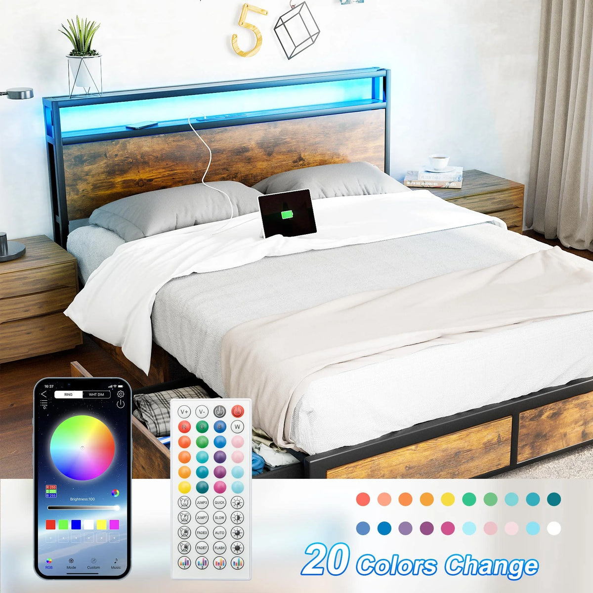 Queen Size Metal Platform Bed Frame with Storage Headboard M1909
