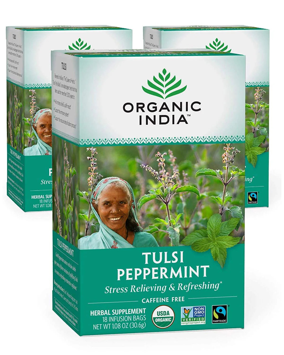 Organic Tulsi Peppermint Herbal Tea, Caffeine-Free, 18 Infusion Bags, 3 Pack N1129