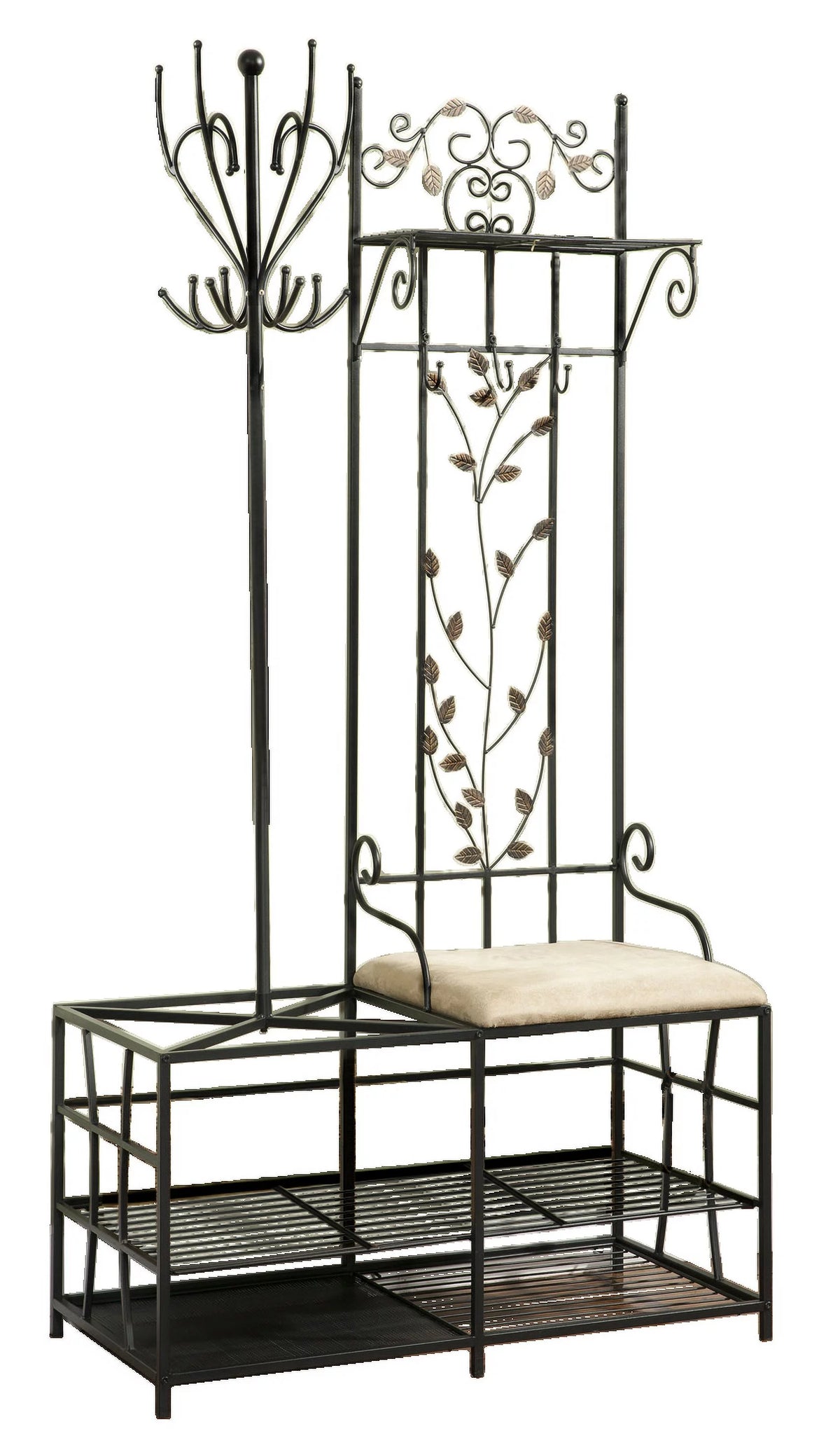 Black Metal Coat & Hat Rack with Bench and Umbrella Stand V572605